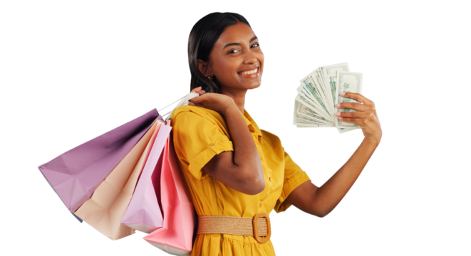 Woman, shopping bag and cash fan with wealth for commerce and customer in portrait with happy face. Money, financial freedom and retail fashion with product and isolated on transparent png background