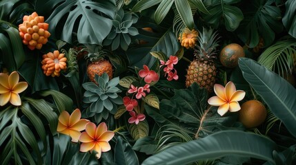 Background with lots of tropical Summer flora and fruits, tropical jungle flowers. Generative AI. - obrazy, fototapety, plakaty