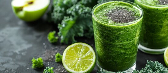 a close up of a green smoothie in a glass with a slice of lime . High quality - obrazy, fototapety, plakaty