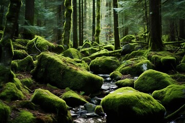 Moss covered rocks in an evergreen woodland
