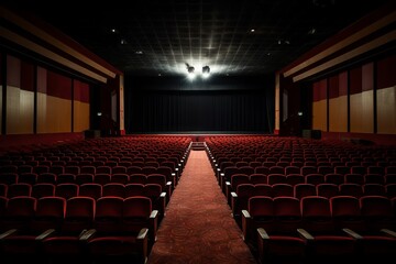 Movie theater interior with rows of empty seats