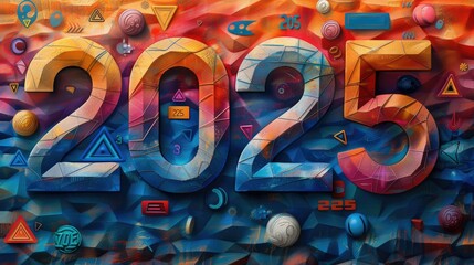 Colorful numbered year "2025" in a rainbow of colors, in the style of geometric shapes and patterns, neoplasticism. Generative AI.