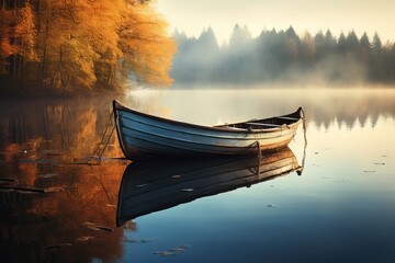 Reflection of a boat in tranquil lake waters - obrazy, fototapety, plakaty