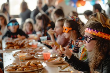 Festive table with festive dishes of Purim. Children in carnival masks eat cookies hamantaschen. Concept: traditions and holidays. - obrazy, fototapety, plakaty