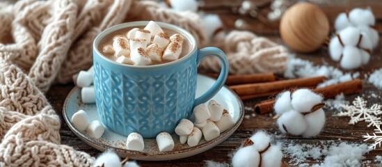 A warm cup of hot chocolate topped with fluffy marshmallows placed on a saucer, set on a rustic wooden table