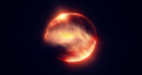 Spinning yellow orange fire energy sphere digital hi-tech ball futuristic magic circle glowing bright force field abstract background