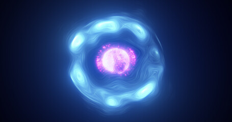 Abstract blue purple energy glowing digital sphere atom made of iridescent energy from moving electric plasma liquid on black background