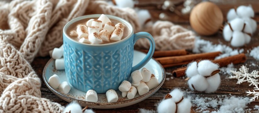 A warm cup of hot chocolate topped with fluffy marshmallows placed on a saucer, set on a rustic wooden table © 2rogan