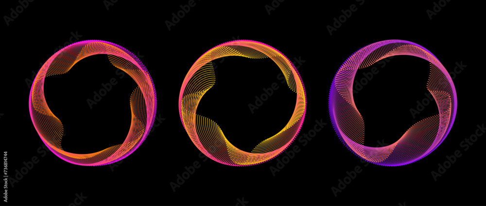 Poster neon gradient dotted circle set. pink orange purple glowing round tech frame collection. curved wave