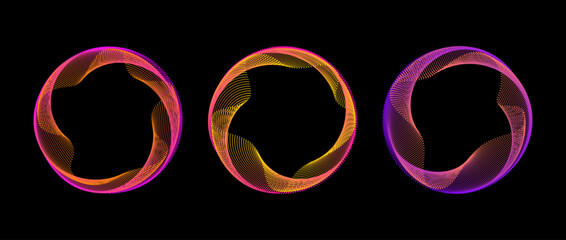 Neon gradient dotted circle set. Pink orange purple glowing round tech frame collection. Curved wave dot line circles on black background. Colorful circular border pack. Vector design element bundle