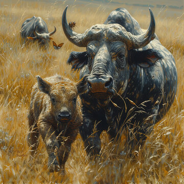 painting of a buffalo and a baby buffalo in a field