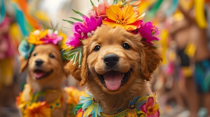 Golden Retriever puppies donning an elaborate Carnival costume - obrazy, fototapety, plakaty