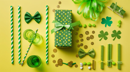 festive , of St. Patrick's Day, clover-shaped party glasses, straws, a stylish green bow-tie, and a gift box adorned with lively polka dot patterns, trefoils, and gleaming gold coins yellow background