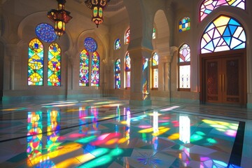 The interior of the beautiful mosque with beautiful glass wall decorations