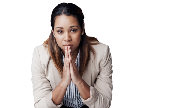 Business woman, portrait and praying hands for hope, christianity or luck on a transparent PNG background. Female person or employee with formal clothing in forgiveness, guilty confession or religion - Powered by Adobe