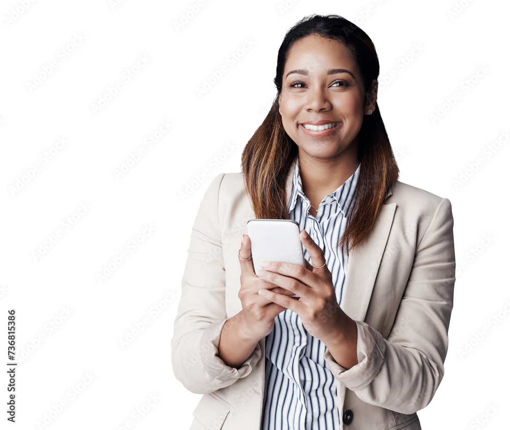 Poster business woman, happy and cellphone for thinking of text and social media for online networking. it 
