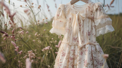 Obraz na płótnie Canvas A delicate and feminine look featuring a floral babydoll dress with lace detailing and a ribbon tied in a bow perfect for a romantic picnic in a meadow.
