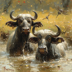 painting of two cows in a river with birds flying around