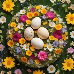 Naklejka na ściany i meble Easter egg shape made of flowers, leaves and quail eggs. Natural Floral pattern