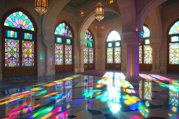 Mosque entrance hall with sunlight filtering through stained glass windows