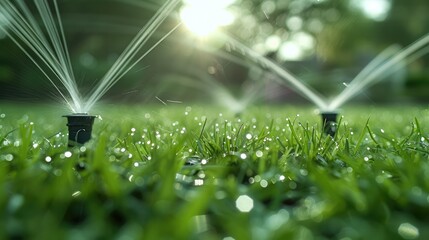 Close up of a garden sprinkler spraying water onto grass. Generative AI. - obrazy, fototapety, plakaty