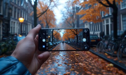 Hand captures autumn scene in city with phone, leaves on ground, street view. - Powered by Adobe