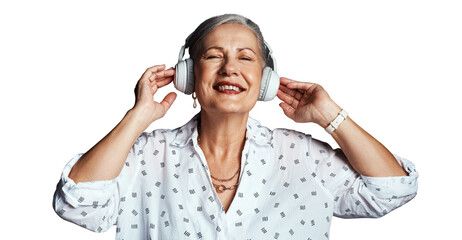 Mature woman, headphones and relaxing with song, streaming radio and listen to sound or audio. Senior female person, happy and subscribe to playlist, hear and isolated on transparent png background - obrazy, fototapety, plakaty