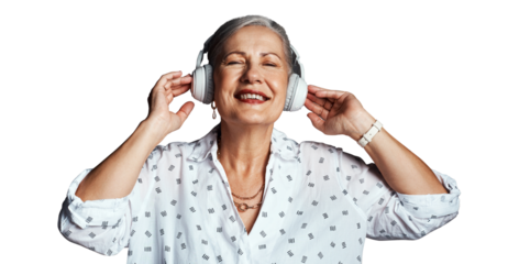 Mature woman, headphones and relaxing with song, streaming radio and listen to sound or audio. Senior female person, happy and subscribe to playlist, hear and isolated on transparent png background