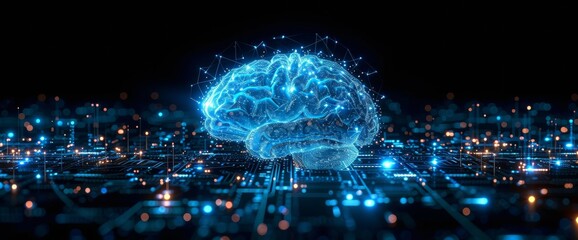 Digital brain floating above circuit board, concept of artificial intelligence