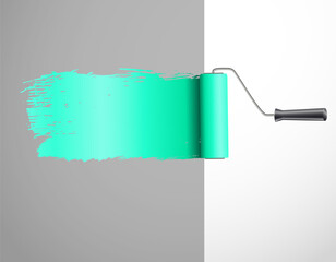 Paint roller with emerald blue stroke over grey, vector illustration