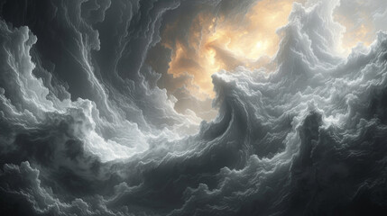 Closeup of ominous swirling storm clouds with a mix of smooth and jagged textures. - obrazy, fototapety, plakaty
