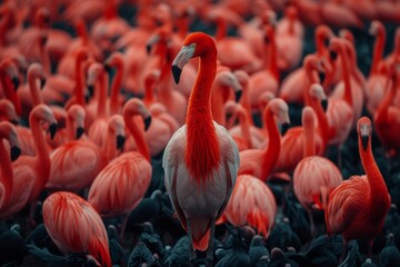 Solitary flamingo among a flock, vibrant wildlife, nature's beauty