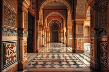 Fototapeta na wymiar Beautiful mosque hallway in Islamic style
