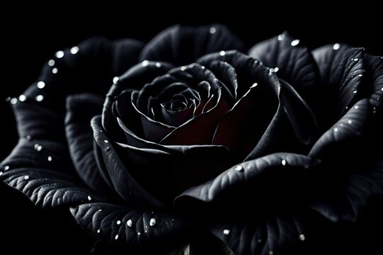 A picturesque image capturing the richness and enigma of a black rose with gently falling petals, realistically portrayed in