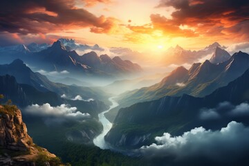 A breathtaking mountain landscape at sunrise, invoking a sense of wanderlust
