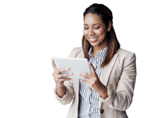 Business woman, happy and tablet for email on promotion and social media for online networking. IT consultant, positive and smile on information technology and isolated on transparent png background