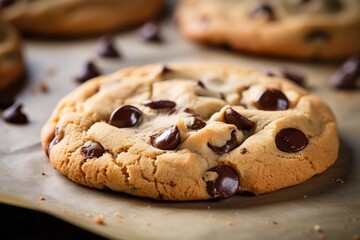 A close-up of a freshly baked chocolate chip cookie