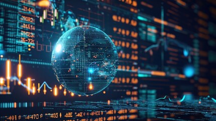 Fototapeta premium A holographic globe spins in front of a wall of scrolling numbers and charts showcasing the global reach and impact of the complex