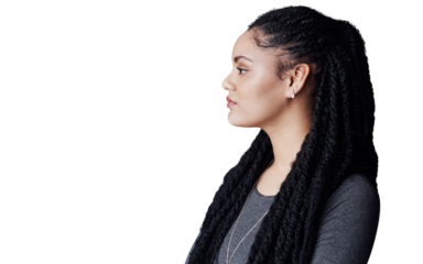 Business, woman or thinking with idea, decision or worker isolated on transparent background. Profile, entrepreneur or PR consultant with planning or opportunity with problem solving, png or solution