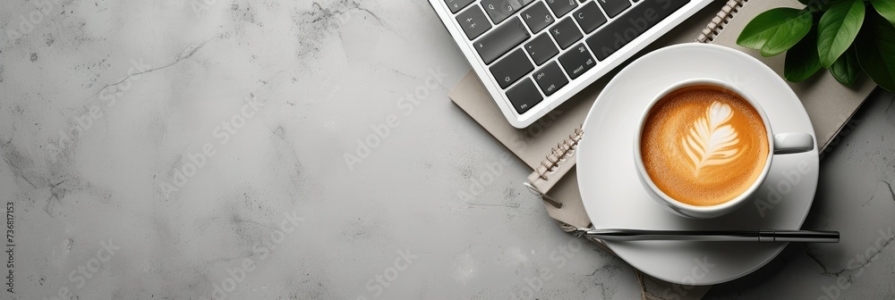 Poster top view of composition with laptop, pen, coffee, notebook on table. concept remote study and work a