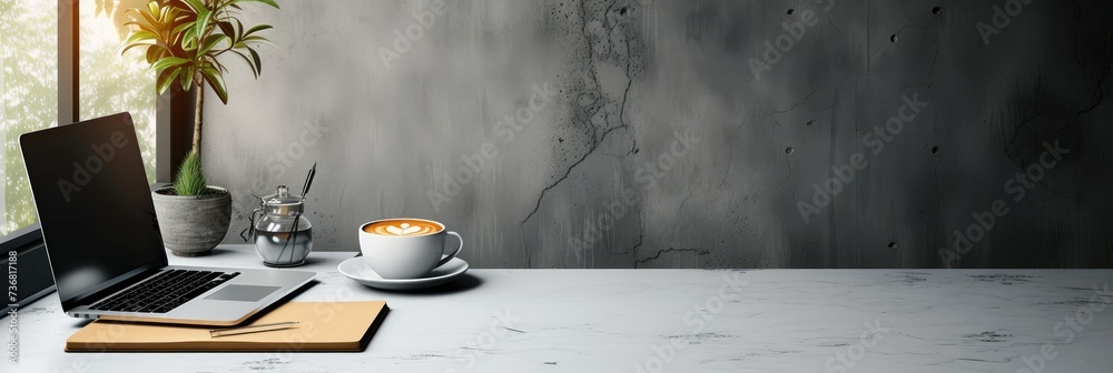 Poster top view of composition with laptop, pen, coffee, notebook on table. concept remote study and work a