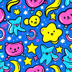 Funny cute doodles kawaii anime colorful repeat pattern 