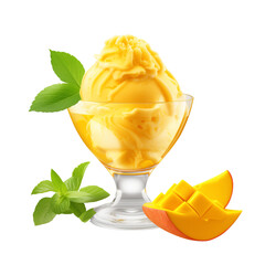 Ice-cream mango sorbet with mango fruit isolated on white background