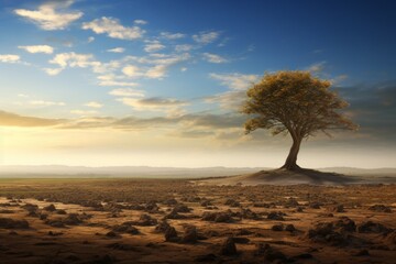 Naklejka na ściany i meble A lone tree standing tall in a barren landscape, representing endurance and survival
