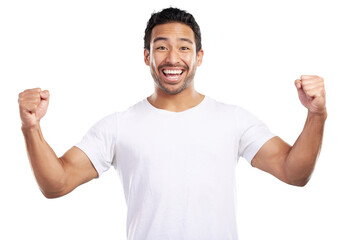 Isolated man, smile and portrait for fist celebration, success and goals by transparent png...