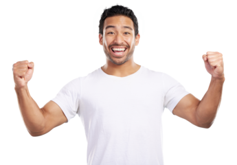 Isolated man, smile and portrait for fist celebration, success and goals by transparent png background. Asian person, model and winner with cheers, clothes and happy for giveaway prize in Indonesia