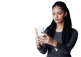 Woman, phone and chatting for online communication, networking or social media on a transparent PNG background. Isolated, person and checking connection or reading on smartphone for texting or search