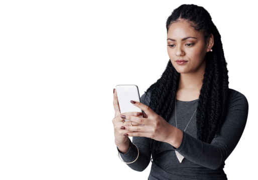 Woman, phone and chatting for online communication, networking or social media on a transparent PNG background. Isolated, person and checking connection or reading on smartphone for texting or search
