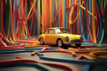 A playful composition of a toy car navigating a maze of colorful strings