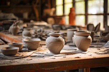 A potter's workspace with clay vessels waiting to be glazed